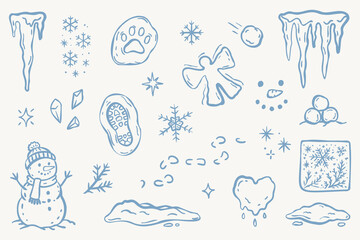 Obraz premium Hand drawn winter doodle set with snowman, snowflake, icicle, snowball, footprint and frozen nature elements in blue outline style