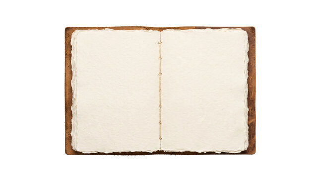 Open handmade leather journal with textured cream pages and rustic deckled edges displayed neatly flat isolated on transparent background