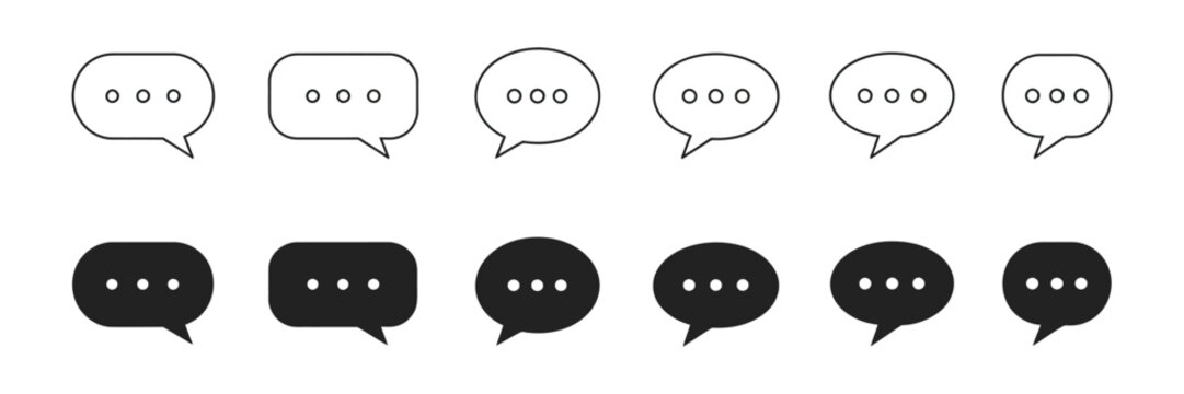 Chat message, speech bubble, comment, and dialog icon set in outline and filled styles for communication, UI, app, and digital interface design.