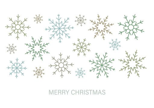 Festive Merry Christmas postcard with differently sized and formed snowflakes on white background.