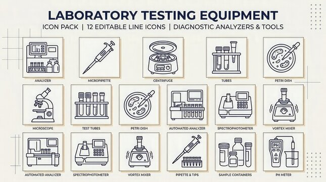 Laboratory testing equipment line icon set containing analyzer, micropipette, centrifuge, microscope, petri dish, and spectrophotometer for medical science research projects