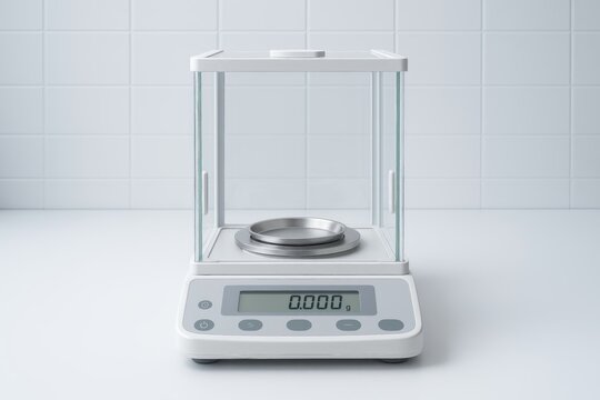Digital analytical laboratory balance scale with a glass draft shield displaying zero weight for scientific research