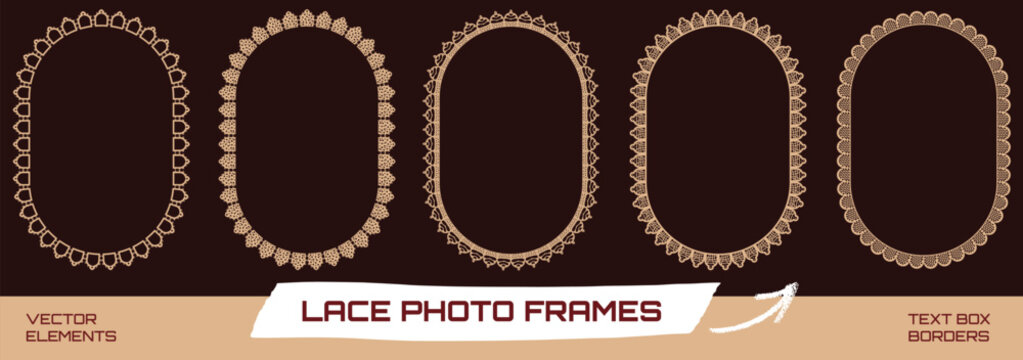 Retro scallop frames with lace border and crochet simple pattern for photo mat. Elegant oval and ellipse shapes in beige on brown background. Vector frame set of scalloped detail with antique charm