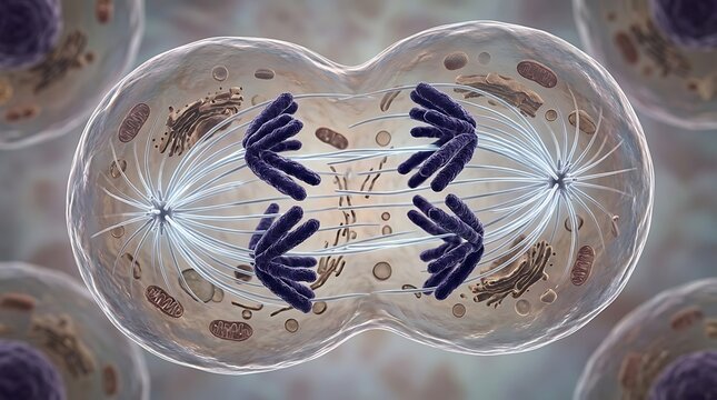 Microscopic view of biological cell division process known as mitosis showing