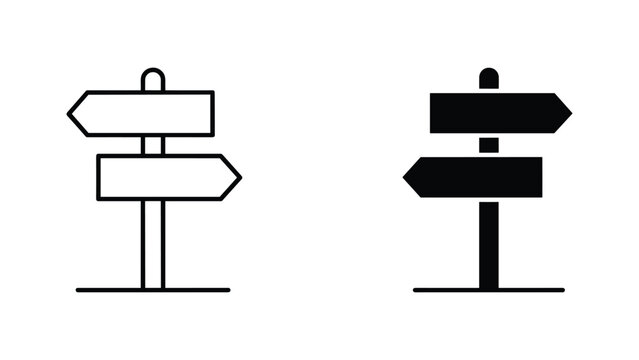 Directional signpost with two arrows vector icons in outline and solid black styles for wayfinding
