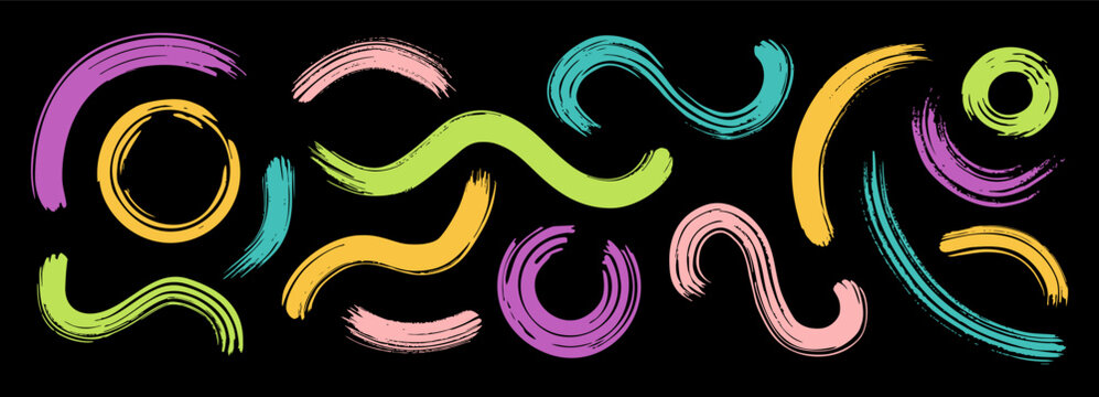 Paintbrush color pattern with arc stroke and abstract Japanese line set. Vector hand drawn smears with black circle and brushstroke ink marker. Paintbrush sketch with stripe wavy texture lines