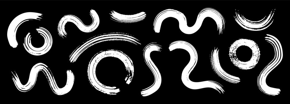 Paintbrush pattern with arc stroke and abstract Japanese line set. Vector hand drawn smears with black circle and brushstroke ink marker. Paintbrush sketch with stripe wavy texture lines