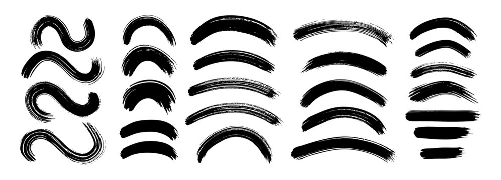 Paintbrush pattern with arc stroke and abstract Japanese line set. Vector hand drawn smears with black circle and brushstroke ink marker. Paintbrush sketch with stripe wavy texture lines