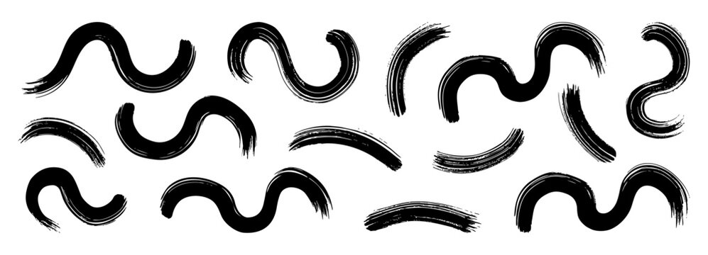 Paintbrush pattern with arc stroke and abstract Japanese line set. Vector hand drawn smears with black circle and brushstroke ink marker. Paintbrush sketch with stripe wavy texture lines