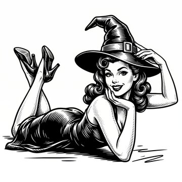 Playful smiling pin-up witch lying down in a classic pointed hat, rendered as a detailed black-and-white scratchboard engraving-style fictional character illustration.