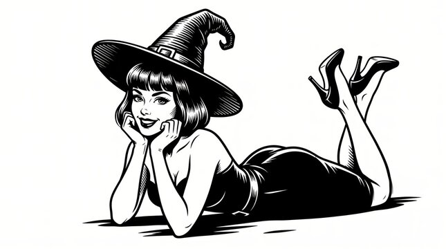 Playful smiling pin-up witch lying down in a classic pointed hat, rendered as a detailed black-and-white scratchboard engraving-style fictional character illustration.