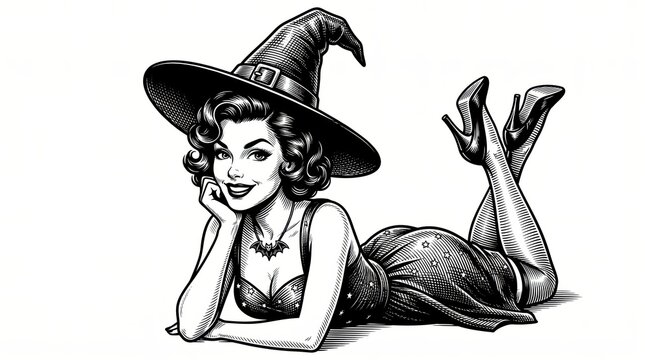 Playful smiling pin-up witch lying down in a classic pointed hat, rendered as a detailed black-and-white scratchboard engraving-style fictional character illustration.
