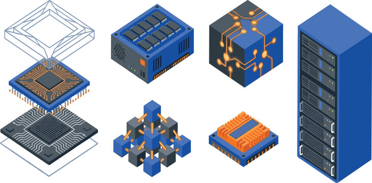 Isometric data center hardware and quantum computing microchip element set for server database vector