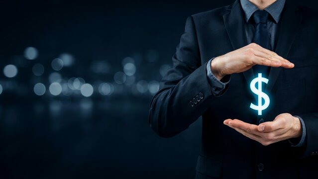 Businessman protecting dollar sign symbol representing financial security and investment