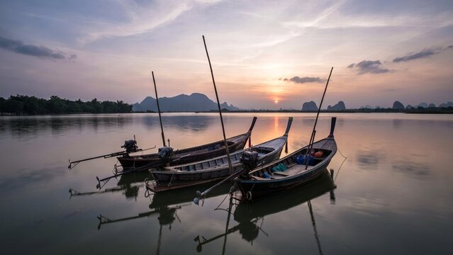 Traditional longtail boats anchored in calm tropical water during a beautiful sunset