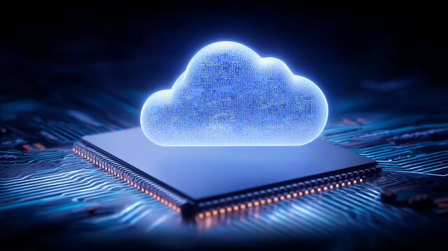 A digital cloud hovering above a computer processor represents cloud computing and the concept of connected data infrastructure and remote technology services.
