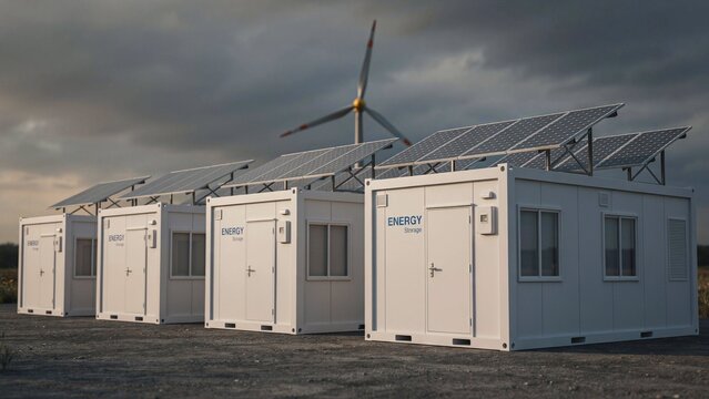 Modular container units with solar panels and wind turbine for sustainable energy power plant