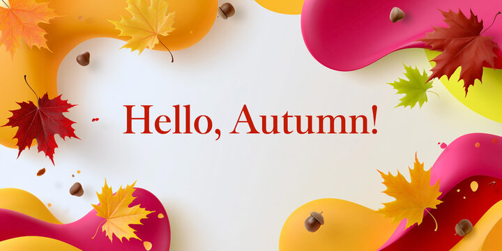 Colorful autumn leaves with vibrant background shapes and text saying Hello Autumn creating a seasonal greeting design for fall celebrations
