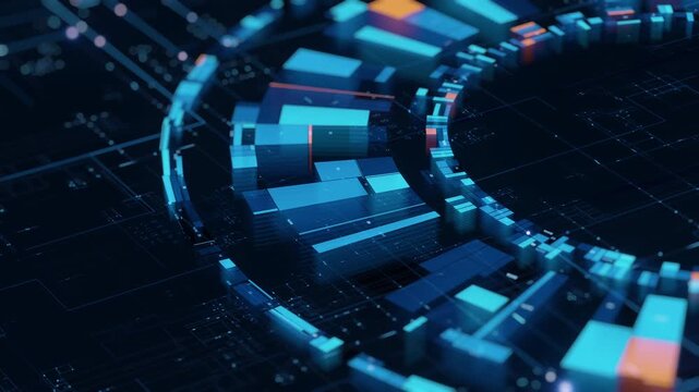 big data visualization showing layered digital blocks, circular network nodes and glowing analytics elements. Futuristic technology concept for data analysis, AI, machine learning