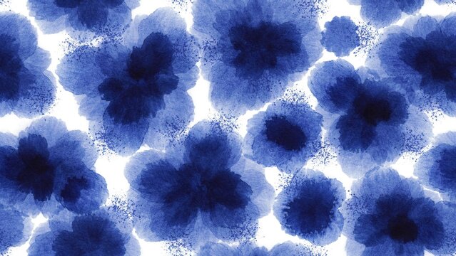 Blue watercolor floral seamless pattern, abstract ink flower background texture.