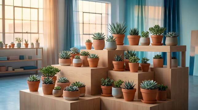 Modern succulent plant collection arranged in terracotta pots on tiered wooden display shelves in bright living room.