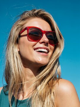 Happy blonde woman wearing red sunglasses smiling outdoors against a bright blue sky