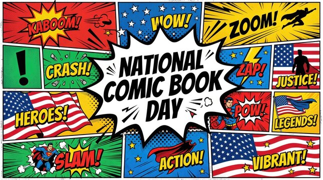 National comic book day celebration poster with comic book style speech bubbles and superhero elements