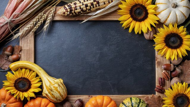 Autumn chalkboard frame with sunflowers, pumpkins, and harvest vegetables for fall decor.