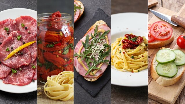 Collage of Italian food dishes including pasta, bruschetta, and cured meat appetizers