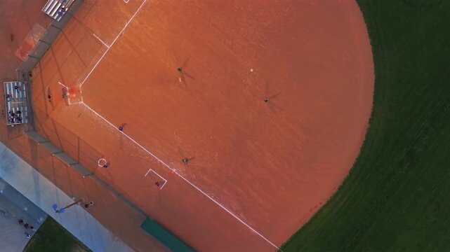 City of Golden Ulysses Sports Complex baseball softball diamond sports fields aerial drone birdseye view home run base running summer dusk evening under the lights Golden Colorado upwards motion
