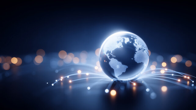 A digital globe connected by flowing data links represents global networking and the concept of worldwide communication and international information exchange.
