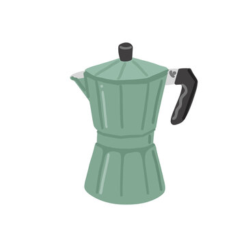 Sage green moka pot. Geyser coffee maker for camping, coffee shop, home. Outdoor adventure or coffee lover concept. Cozy vibe. Isolated flat vector clipart for cafe menu, stickers, branding