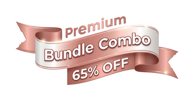 Premium Bundle Combo Offer with 65% Off Discount Displayed on a Flowing Copper and White Metallic Ribbon Banner with Glossy Finish featuring percent off, sale, promotion, deal and savings