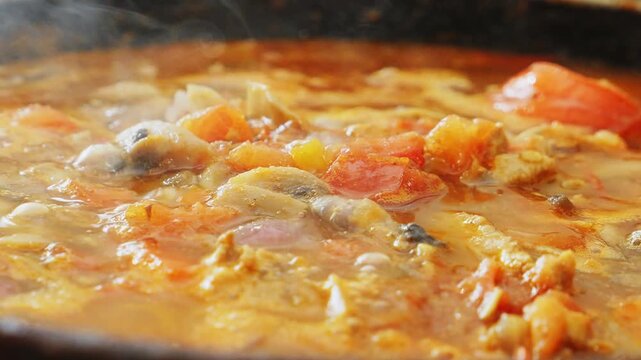 Vegetables and chicken are simmered in a deep cast iron skillet with sauce and spices. Medium shot.