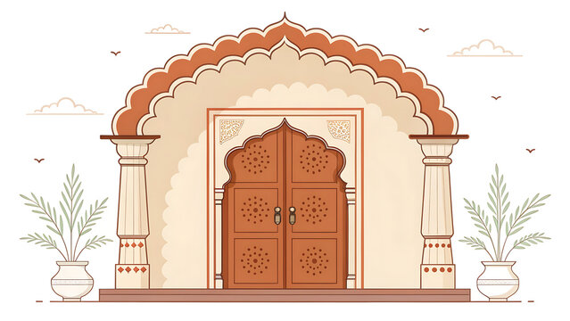  Indian traditional doorway featuring a distinctive multi-scalloped arch  simple wooden double door  decorative side columns and subtle carved details