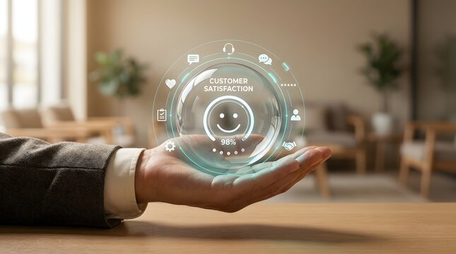 Hand presenting a customer satisfaction concept with glowing circular icons