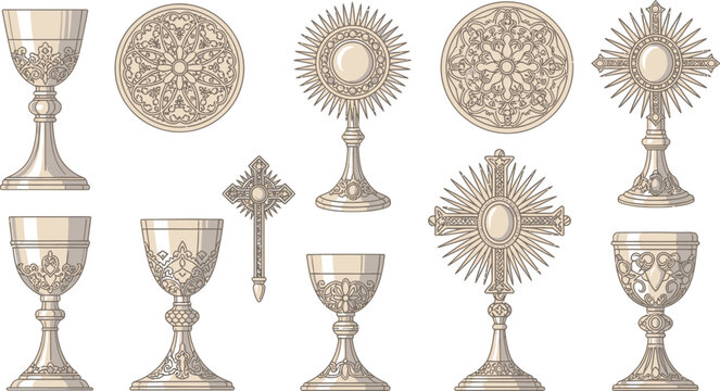 Religious Catholic liturgy icons set, ornate gold chalice and monstrance vectors, holy communion and eucharist symbols for church design