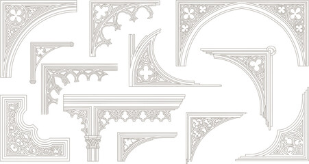 Gothic architectural ornaments set, 11 vintage stone carving vectors, medieval cathedral decorative elements for borders and frames © FATEMA