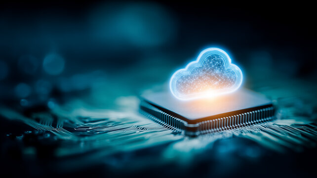 A cloud symbol hovering above a computer processor represents cloud computing infrastructure and the concept of connected digital services.

