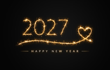 Happy New Year 2027 glowing sparkler numerals with a sweeping heart line on dark background for romantic holiday greetings and party announcements © Arma