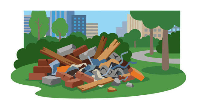 Vector illustration of construction waste pile with broken red bricks wooden planks and crumpled metal debris dumped on green grass in a city park with trees and buildings in background environmental