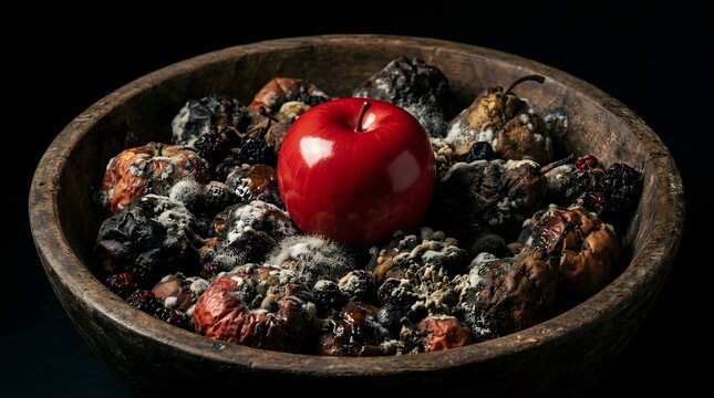 Shiny artificial red apple surrounded by decaying moldy fruit in a wooden bowl illustrating everlasting beauty and the illusion of absolute perfection