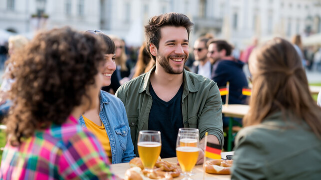 Group of friends enjoying drinks and snacks at an outdoor table during a festival, with German flags and a lively atmosphere in the background