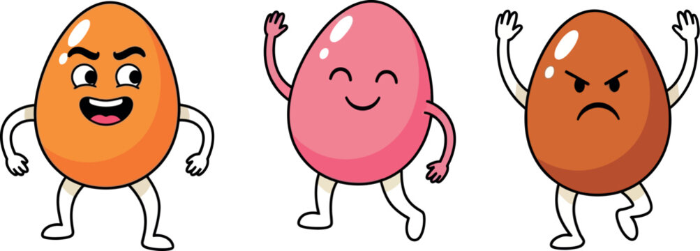 Cartoon egg characters with different emotions, funny food mascot set with arms and legs, expressive egg icons for kids branding