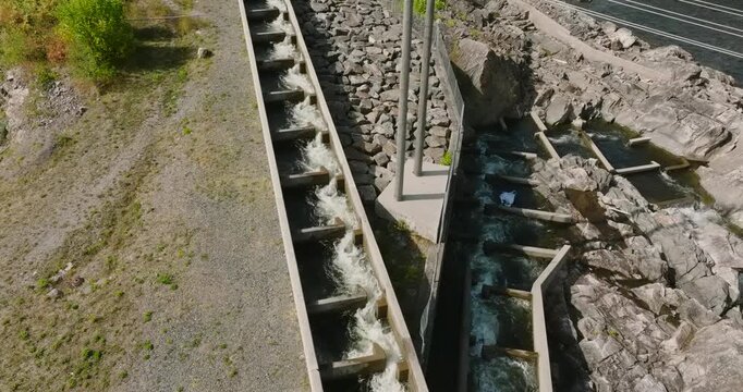 Aerial view of water infrastructure at Rykene with cascading locks in slow motion