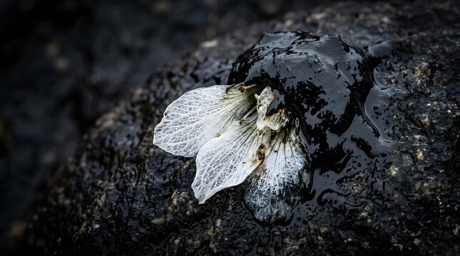 Delicate white flower petals trapped in thick black crude oil on a rock highlighting the devastating impact of industrial pollution on fragile nature