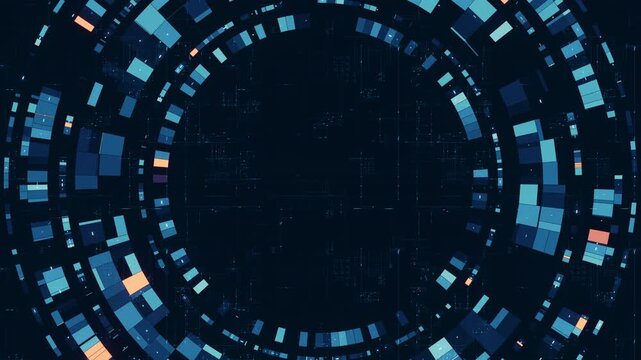 Futuristic circular data background featuring layered digital rings, glowing panels and network grid elements. Abstract technology interface evokes data flow, connectivity, cybersecurity and high tech