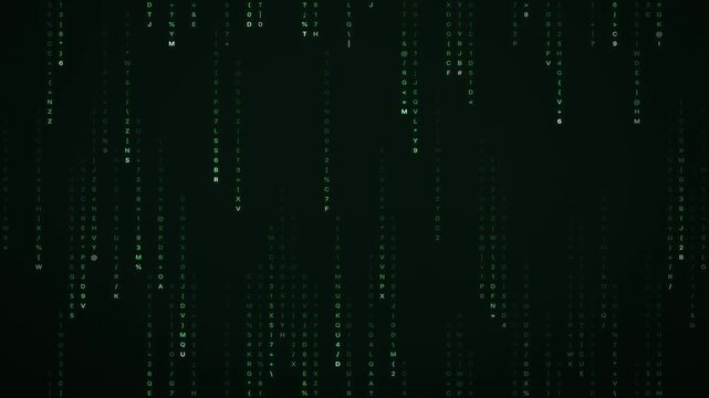 Even green character rain falling in columns down a dark screen, Seamless 4K loop