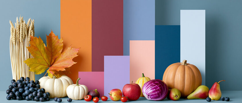 Colorful autumn harvest display featuring pumpkins, apples, and berries arranged in front of a backdrop of vibrant color swatches on a blue wall