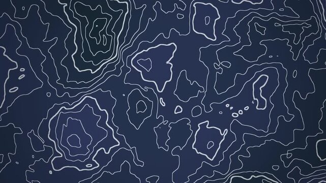 Animated detailed topographic relief map with drifting contour lines on a dark cyan background, seamless 4K loop
